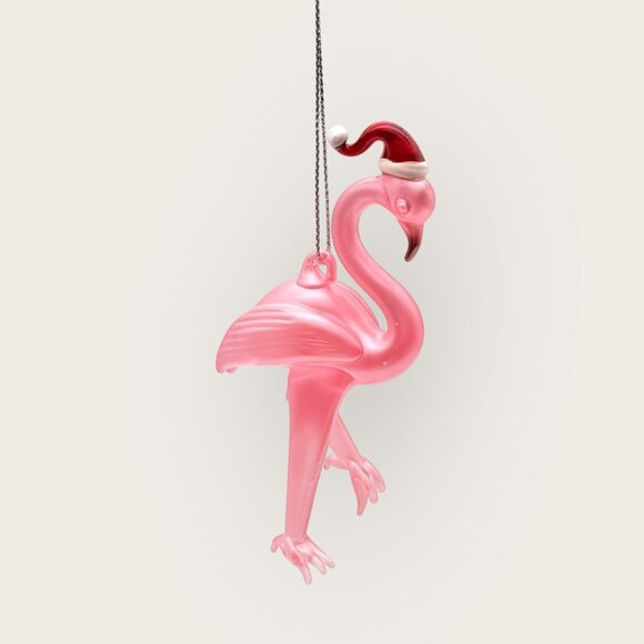 Glass Pink Flamingo with Santa Hat Christmas Ornament White Iridescent String - Picture 1 of 3